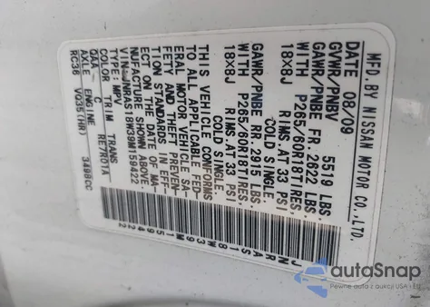 2009 Infiniti Fx35 z USA, uszkodzony, nr VIN JNRAS18W39M159422